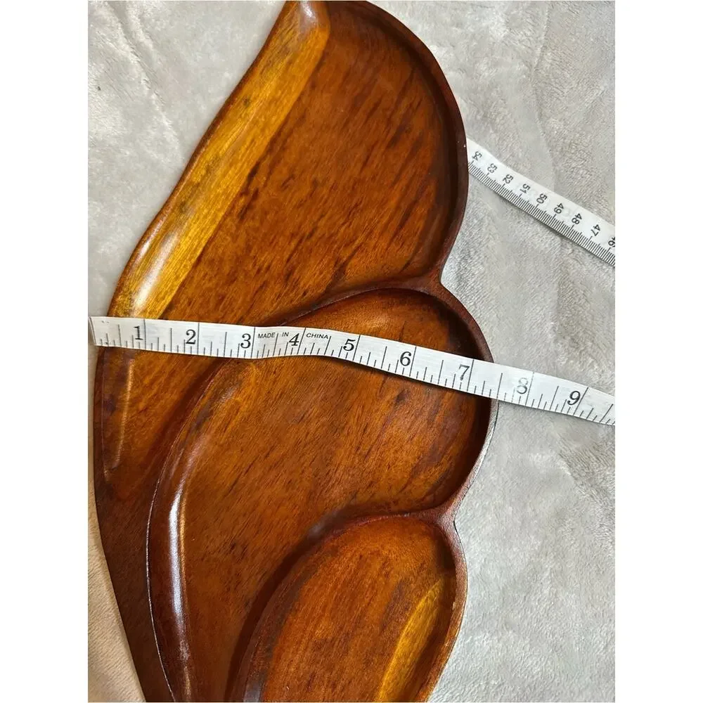 Vtg Mid Century Wood Leaf Divided Serving Platter 3 Section Tray Handle 20